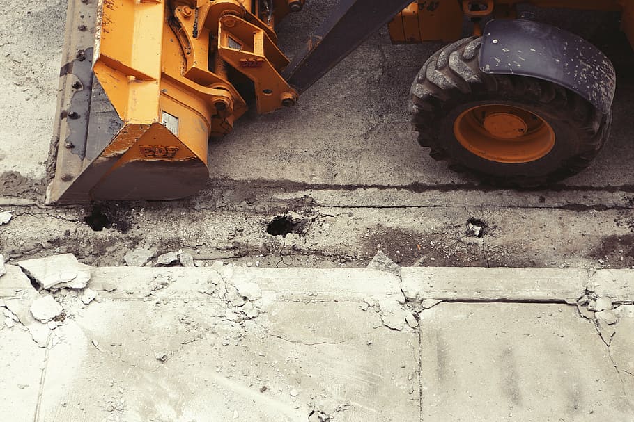yellow excavator on gray concrete road, power shovel, digger, HD wallpaper