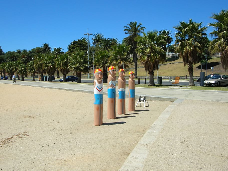 beach, statue, w, sculpture, sand, landmark, tree, palm tree HD wallpaper