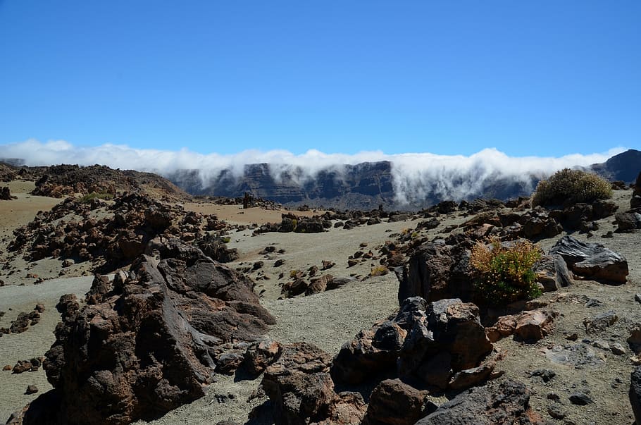 clouds, mountains, sky, landscape, fog, tenerife, nature, blue HD wallpaper