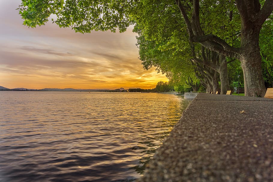 road, dawn, landscape, nature, clouds, dusk, evening, lake, outdoors HD wallpaper