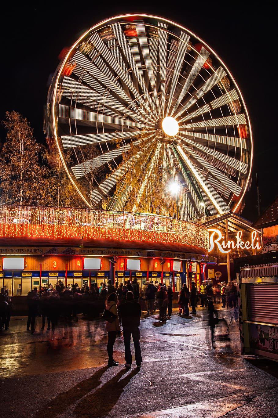 Amusement Park, Wheel, Light, Night, long exposure, fun, illuminated HD wallpaper