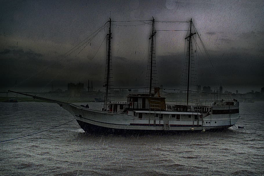 gray sailing ship on body of water painting, sail boat, storm HD wallpaper