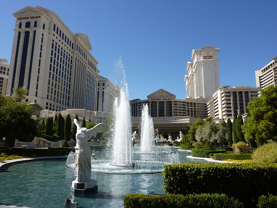 white statue near fountain, las vegas, caesars palace, fountains, HD wallpaper