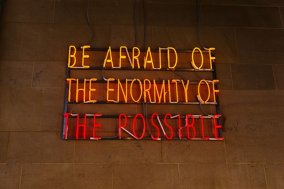 lighted Be afraid of the enformity of the rossible neon signage, Be Afraid neon light signage
