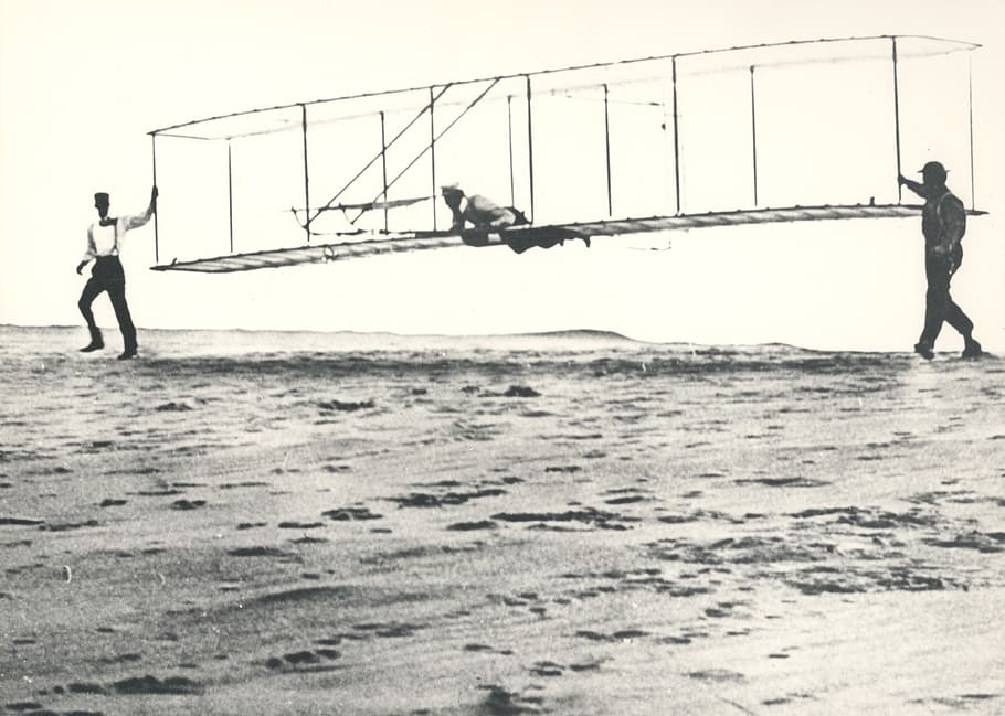 grayscale photo of three man, invention, wright brothers, aircraft HD wallpaper