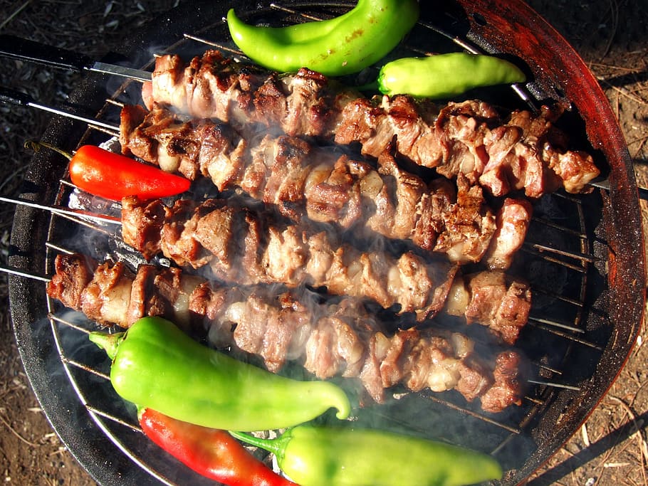 grill pork and bell pepper, barbecue, coal, embers, tomato, meat, HD wallpaper
