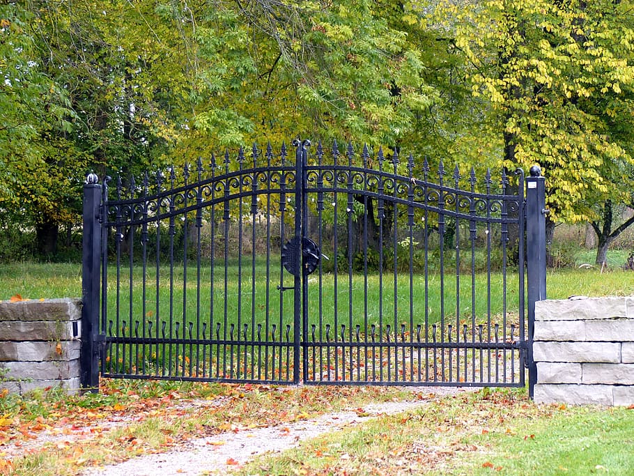 grind, wrought, wall, tree, countryside, autumn, plant, gate HD wallpaper