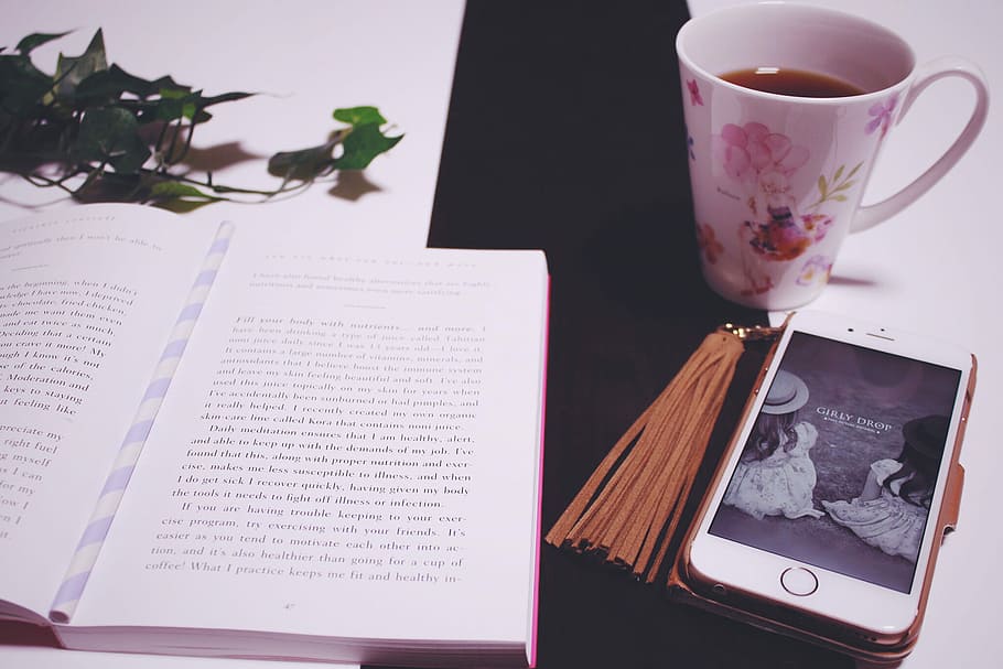 mug of coffee beside iPhone 6 and book on table, cup, communication HD wallpaper