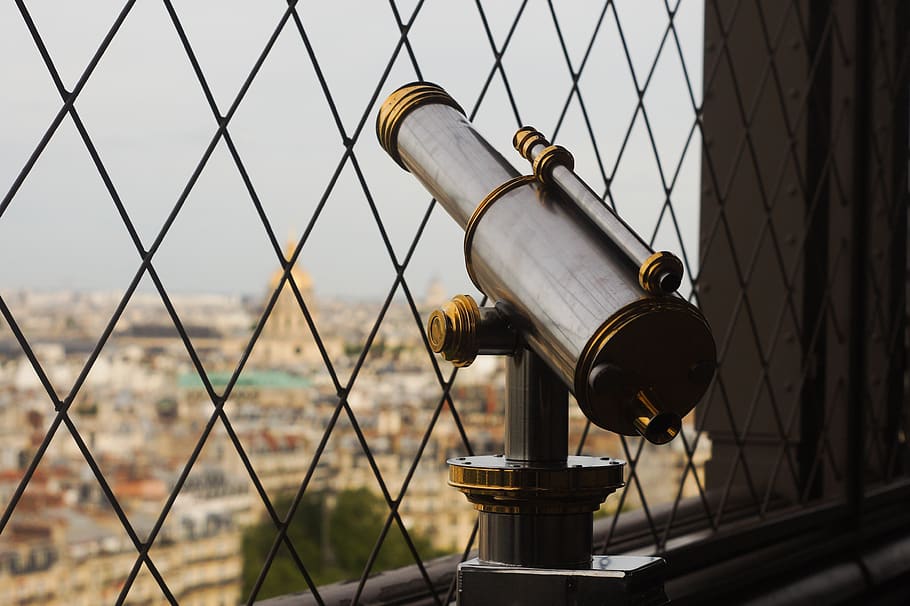 telescope, viewpoint, eiffel tower, paris, skyline, fence, metal HD wallpaper