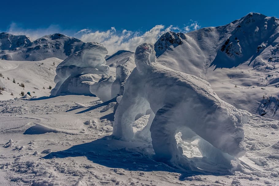 mountain, snow, statue, winter, cold temperature, landscape HD wallpaper