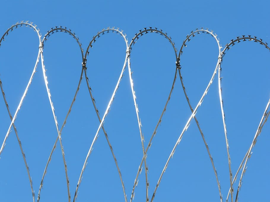 security, wire, risk, fence, blue, barbed Wire, metal, sky HD wallpaper