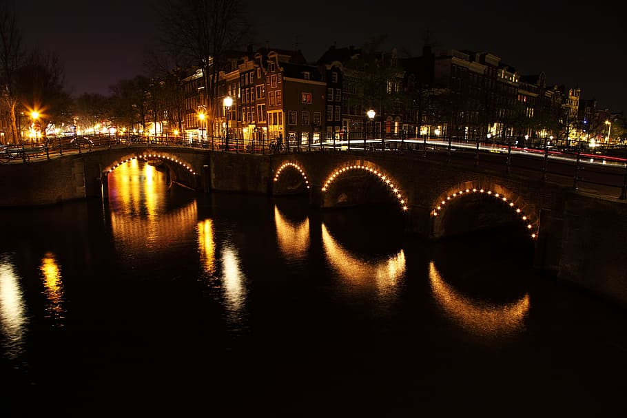 lighted bridge and streetlights at night, bridges, amsterdam HD wallpaper