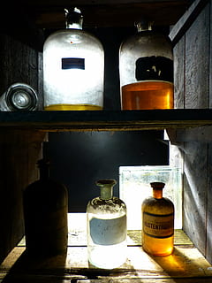 glass, bottle, old, pharmacy bottle, transparent, decoration HD wallpaper