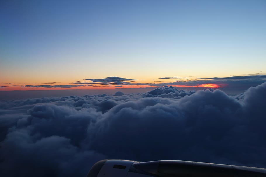 sky, flying, clouds, sunset, light, horizon, cloud - sky, transportation HD wallpaper