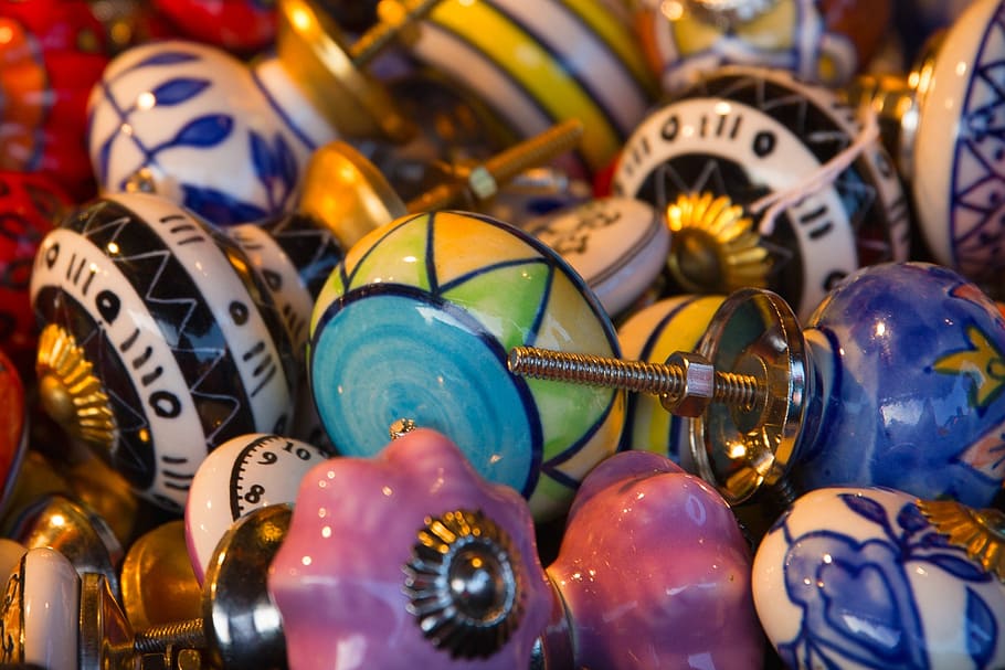door handles, close, thread, colorful, ceramic, screw, brass HD wallpaper