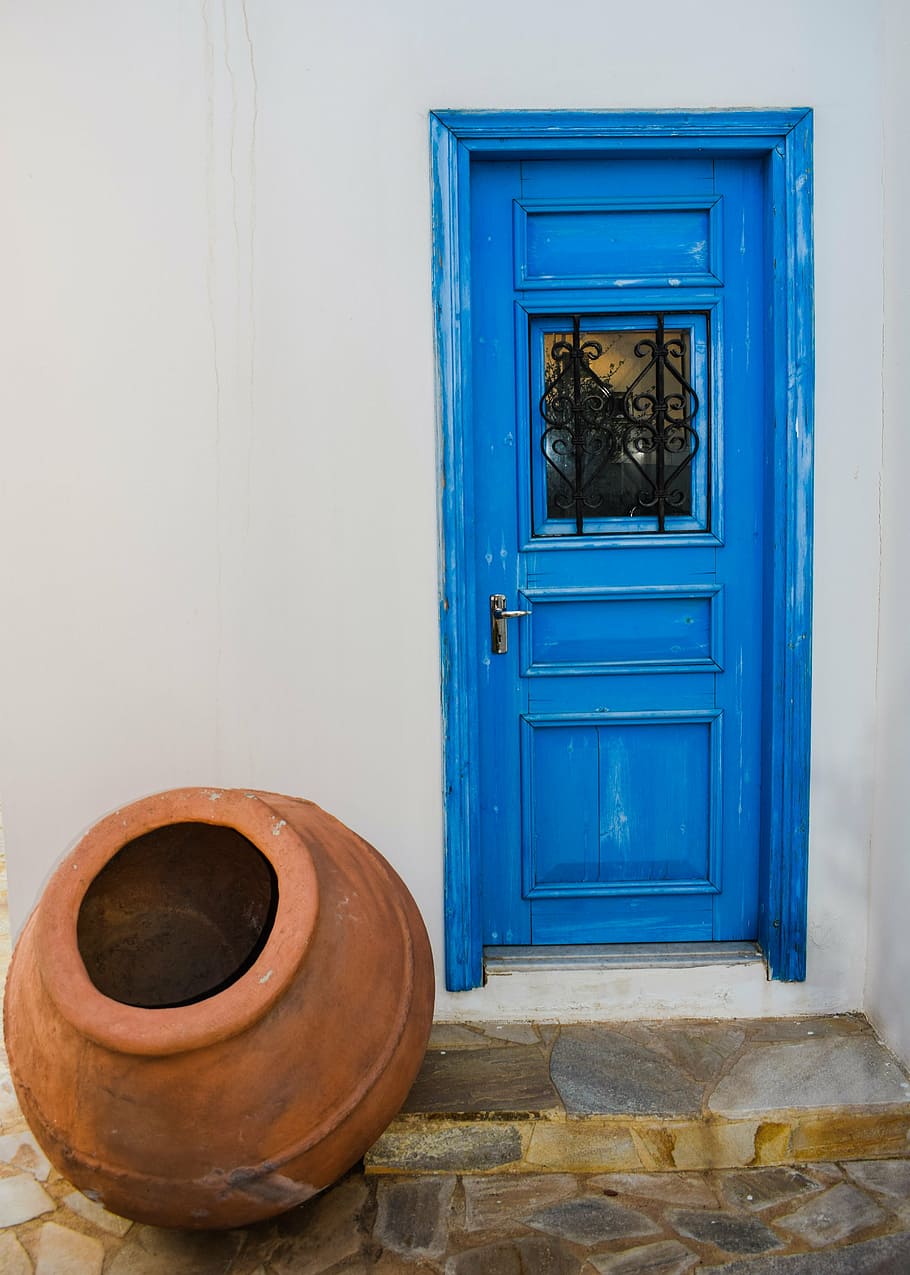 door, wooden, blue, entrance, white, wall, pottery, container, HD wallpaper