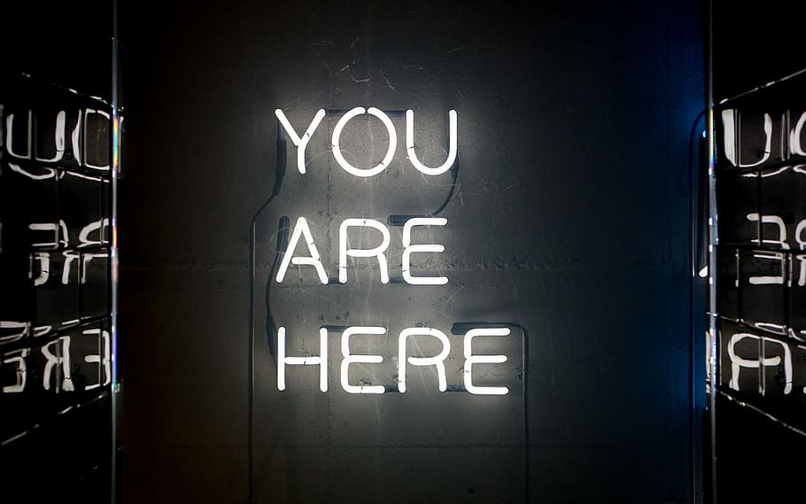 white neon light signage, white You Are Here neon signage, wallpaper
