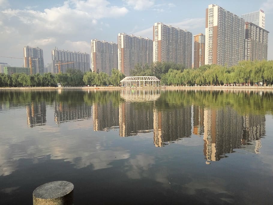 park, lake, building, reflection, water, architecture, waterfront HD wallpaper