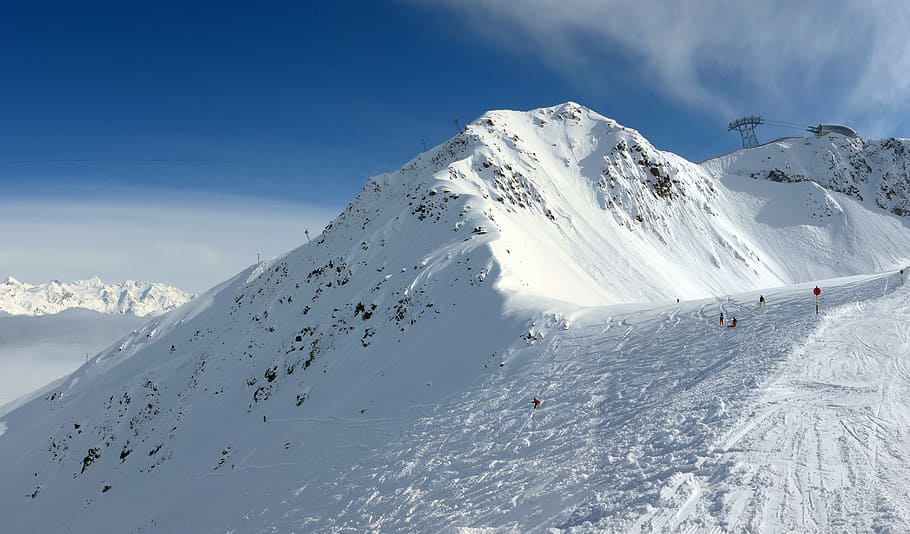 mountain, top, hill, white, snow, sky, blue, sun, sunny, rock HD wallpaper
