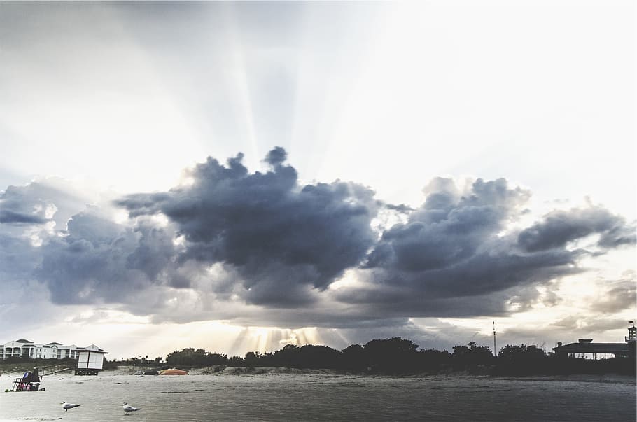 sunbeams, clouds, sky, beach, cloud - sky, water, nature, architecture HD wallpaper