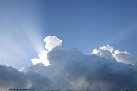 white clouds and crepuscular rays, sky, illuminated, sun, rays of sunshine HD wallpaper