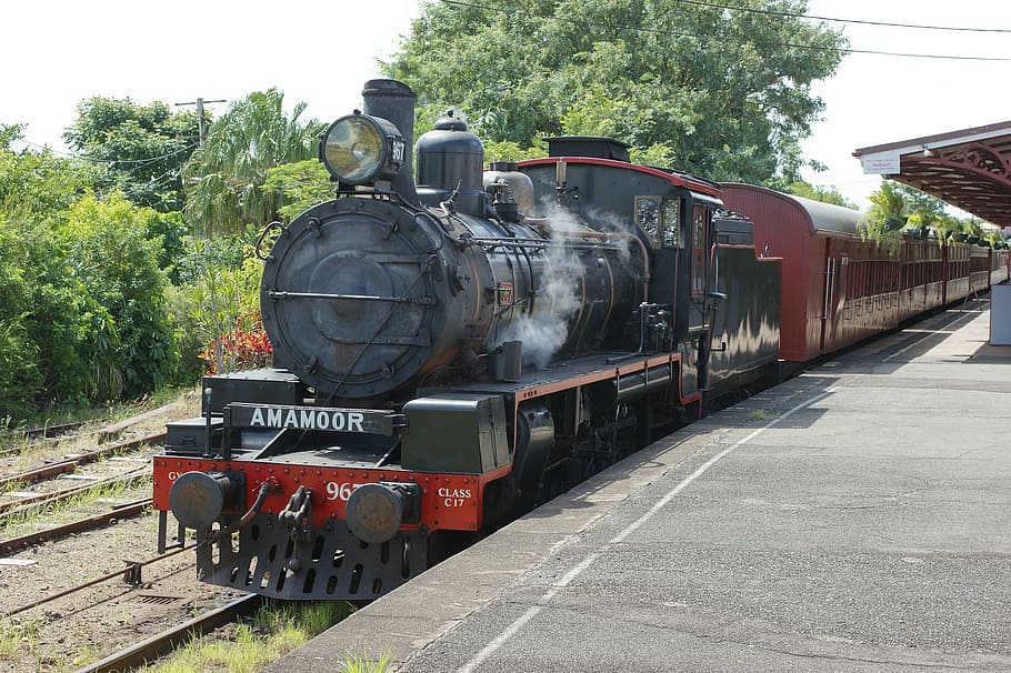 black and maroon Amamoor train, steam engine, locomotive, passenger train
