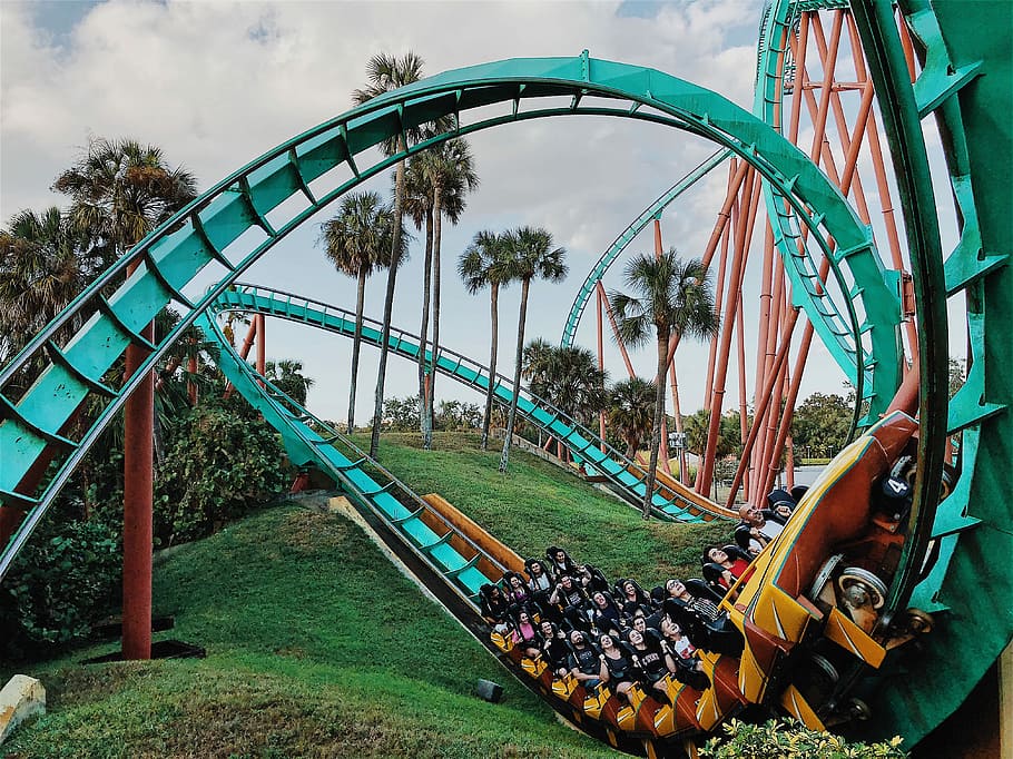 green and orange roller coaster, structure, car, grass, hill HD wallpaper