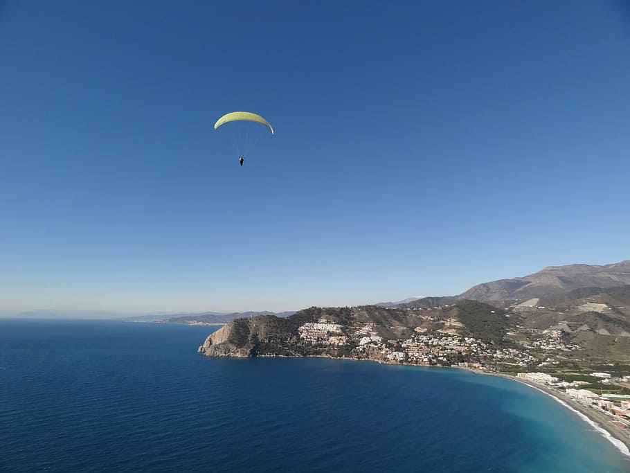 Paragliding, Fly, Mountains, summer, dom, sea, heradura, wide HD wallpaper