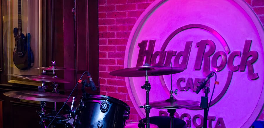 stage, hard rock cafe, drums, indoors, pink color, purple, nightclub, HD wallpaper