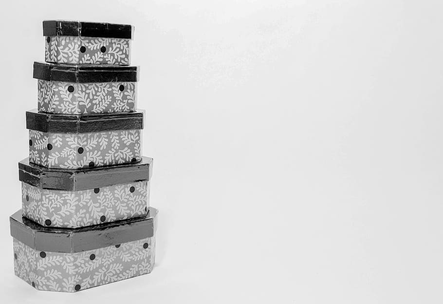 gift, box, black, white, copy space, stack, indoors, studio shot HD wallpaper
