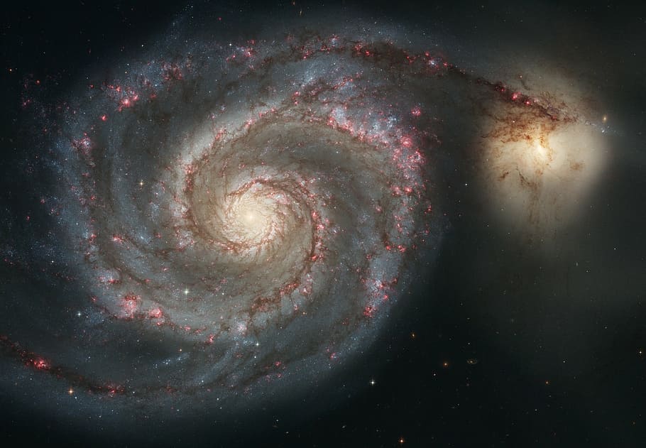whirlpool galaxy, messier 51, ngc 5194 5195, hubble spiral galaxy, HD wallpaper