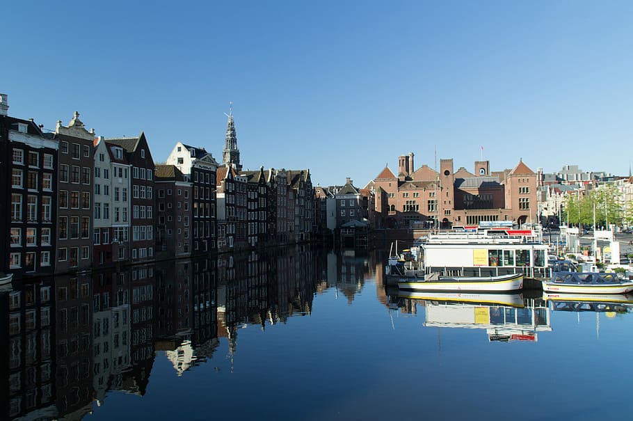 amsterdam, mirror image, projection, canals, water, building exterior HD wallpaper