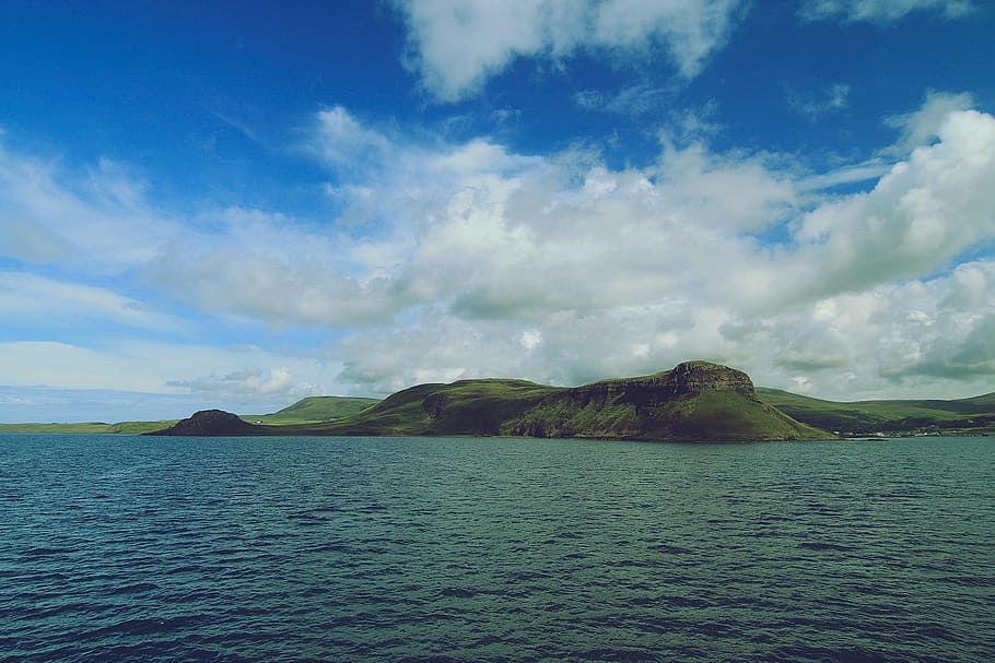 coast, hills, sky, clouds, green, grass, water, ocean, sea HD wallpaper