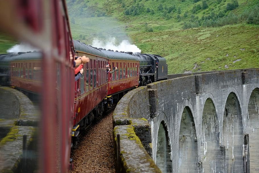 train crossing the bridge, travel, water, outdoors, river, hogwarts express, HD wallpaper