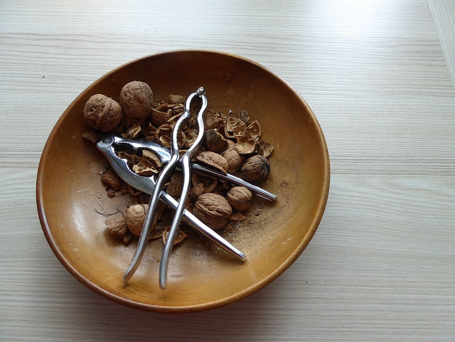 nuts, walnuts, shell, nutcracker, cracked, fruit bowl, close up HD wallpaper