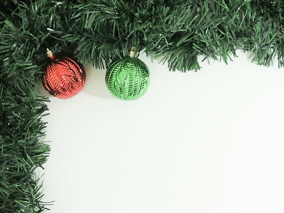 two red and green bauble on Christmas vines, ornaments, christmas ornaments, HD wallpaper