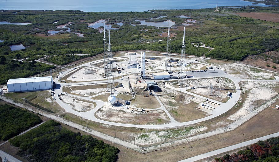 bird's eye photo of power plant, cape canaveral, launch pad, rocket launch