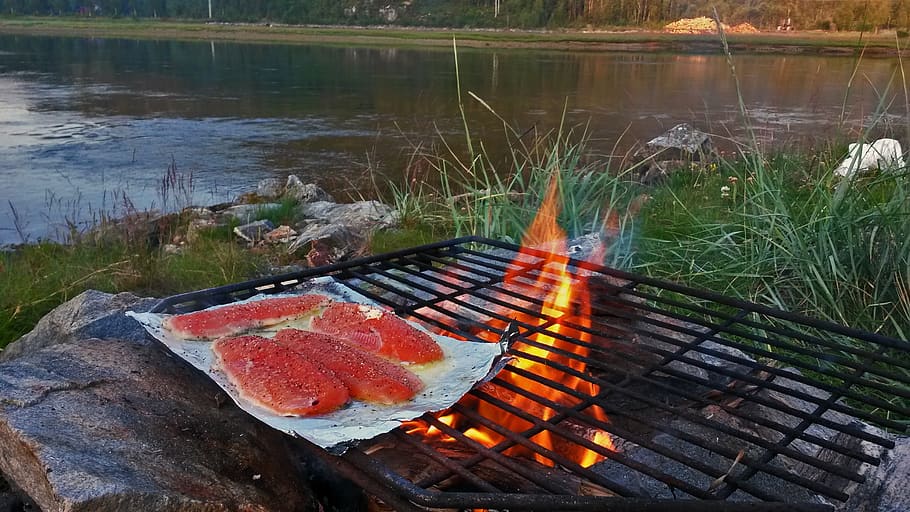 fire, trout, food, fish, barbecue, grill, roast, salmon, smoke, HD wallpaper