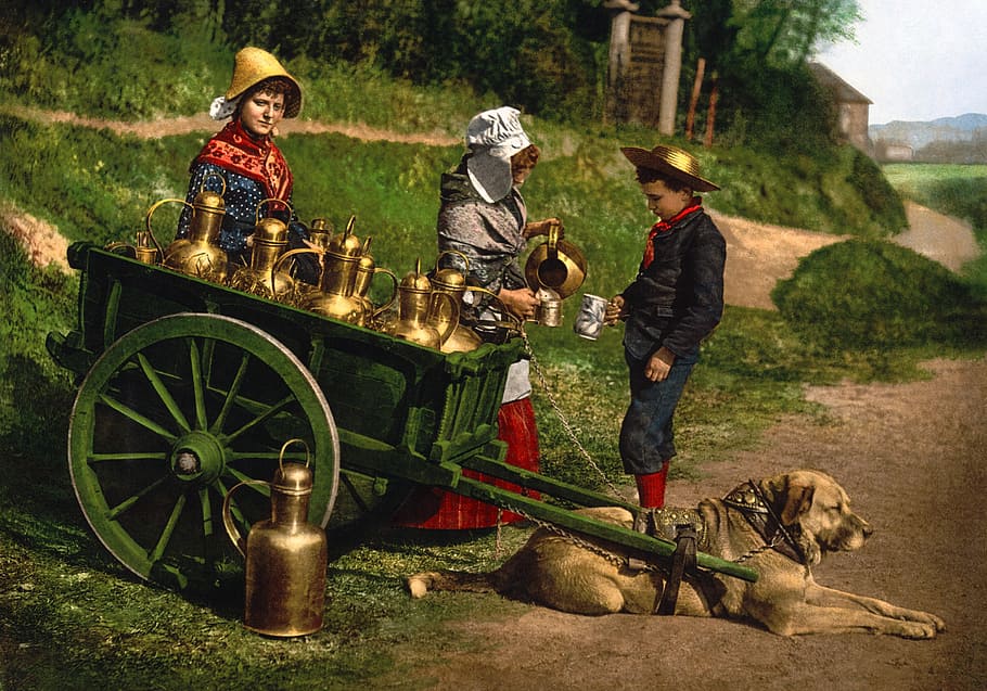 short-coated tan dog and green carriage beside three people standing at daytime