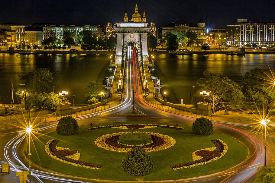concrete road with grass field on center, chain bridge, budapest HD wallpaper