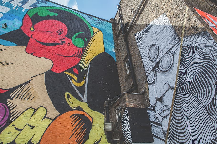 Wide angle shot of a large street art mural captured in Shoreditch, East London with a Canon DSLR