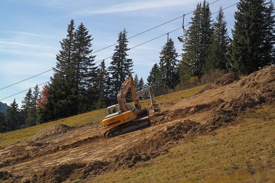 dredging, excavators, leveling, pave, ski run, summer, repair HD wallpaper
