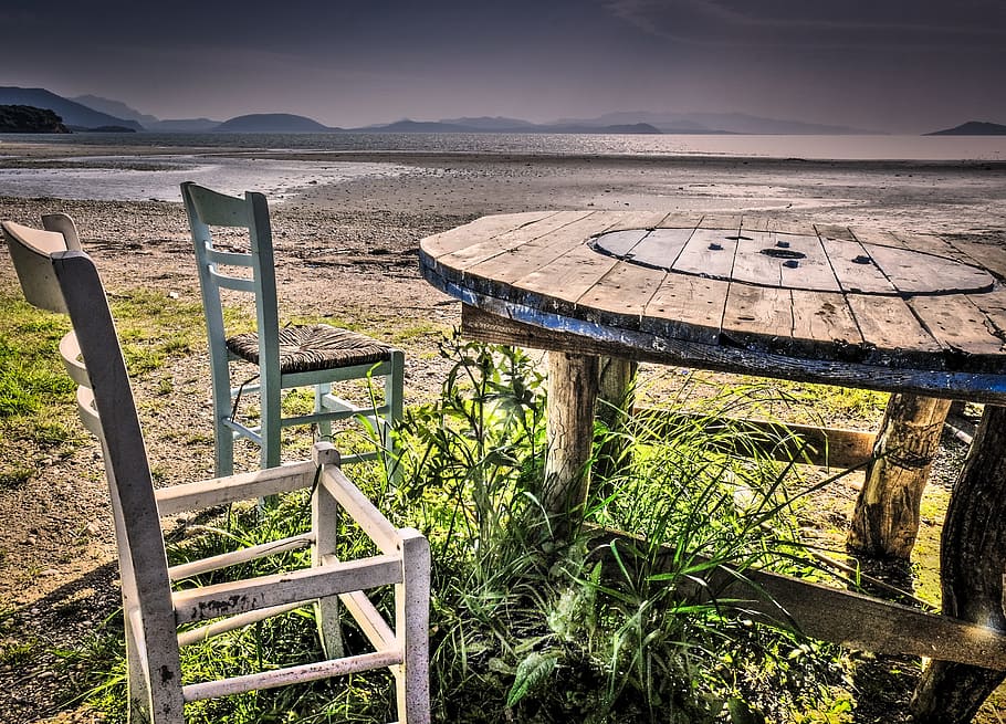 loneliness, lonely, table, sea, water, landscape, nature, chairs