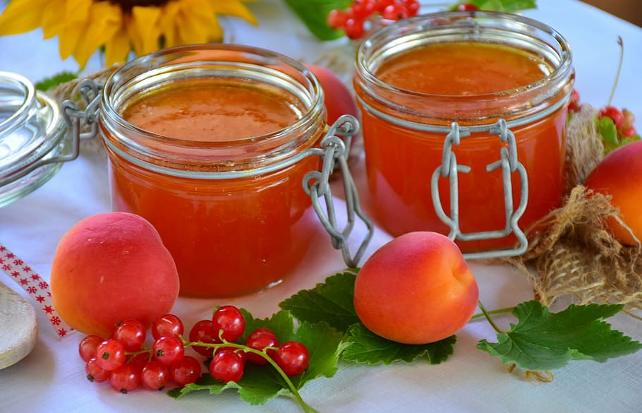 two glass jars on white desk, jam, apricots, cook, preparations, HD wallpaper