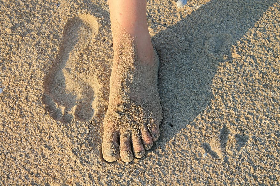 HD wallpaper: foot, sand, footprint, human body part, sunlight, beach, one ...