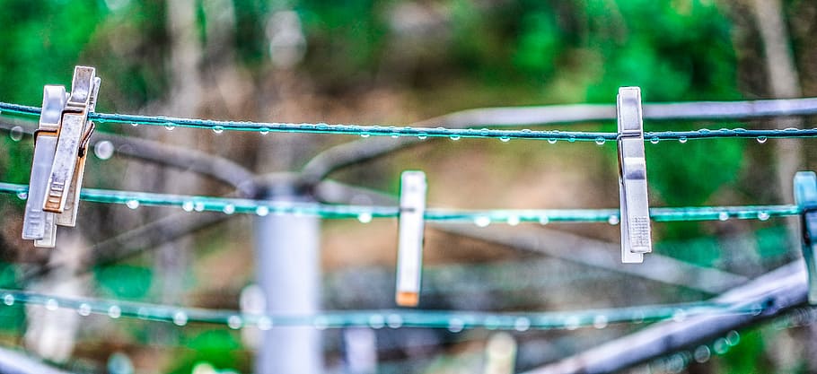 clips, rain, droplets, weather, raindrop, rope, laundry, fence HD wallpaper