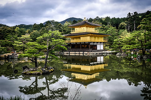 black and brown 3-layer gazebo in middle of water, Pagoda surrounded by body of water near trees during daytime HD wallpaper