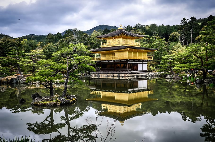 black and brown 3-layer gazebo in middle of water, Pagoda surrounded by body of water near trees during daytime HD wallpaper