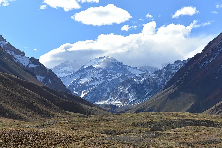 snow-capped mountain under white and blue sky, andes, aconcagua
