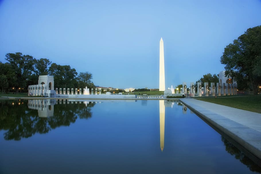 white obelisk, washington dc, sunset, dusk, evening, reflecting pool HD wallpaper